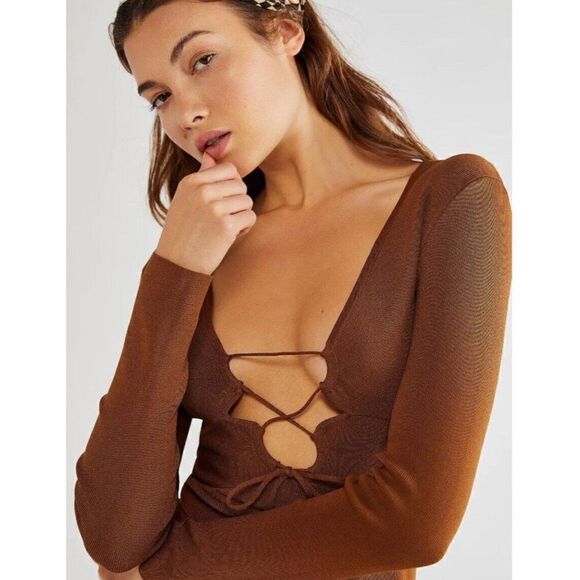 NWT FREE PEOPLE X SIGNIFICANT OTHER Sz2 MONICA MINI DRESS RIB CUTOUT LONG SLEEVE - Picture 3 of 3
